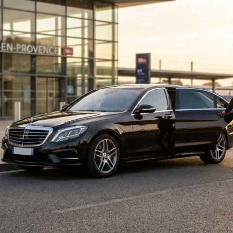 Un homme en costume ouvre la porte d'un VTC Mercedes noir devant la Gare TGV Aix-en-Provence, avec une valise.